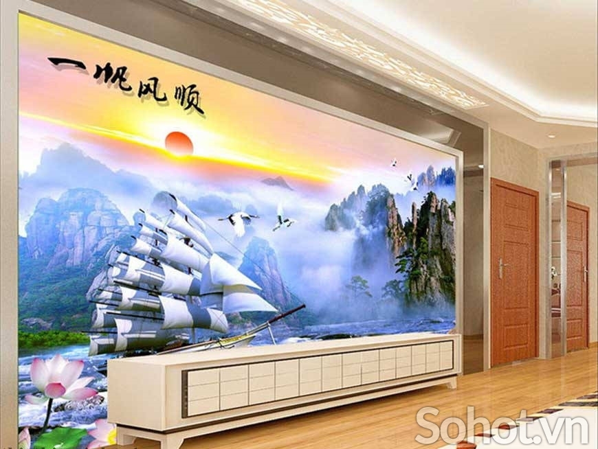 gạch tranh thuyền buồm trang trí phòng
