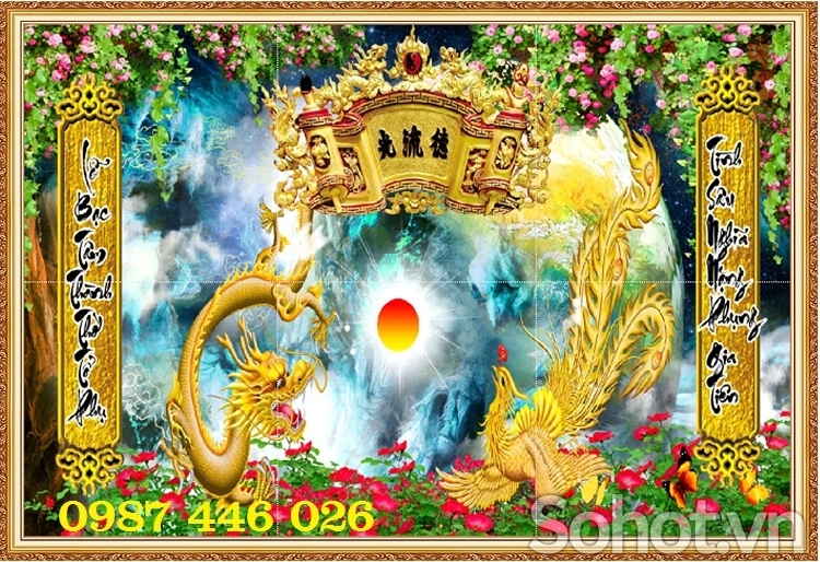 Gạch 3d tranh ốp tường rồng phượng phòng thờ HP9373