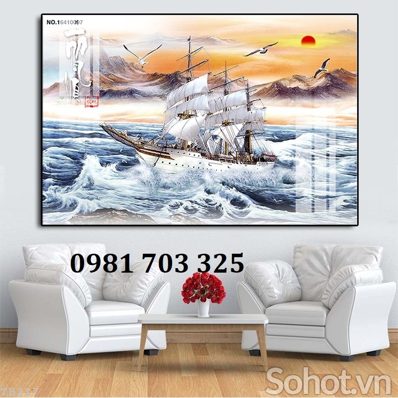 Gạch men 3D thuyền buồm dán tường phòng khách