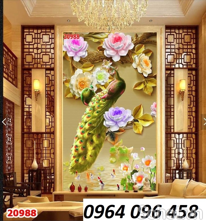 Gạch tranh chim công trang trí phòng khách - HXZ2