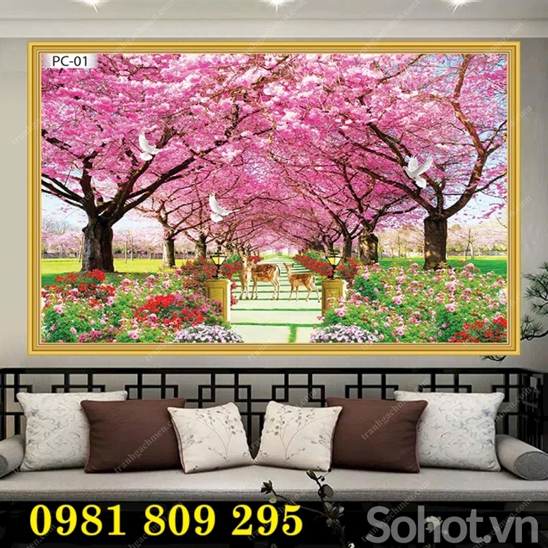 Gạch 3d hoa đào , tranh gạch cao cấp