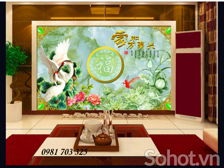 tranh phong thủy 3D, tranh gach tùng hạc