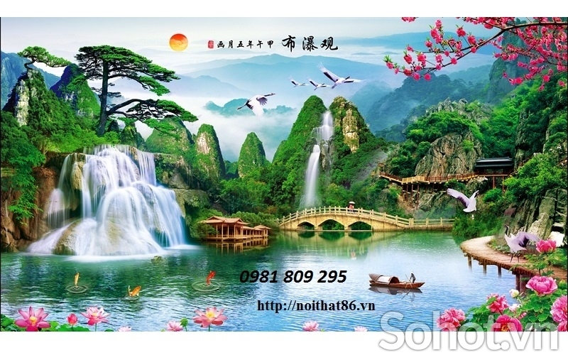 tranh gạch 3d hồ nước chim hạc