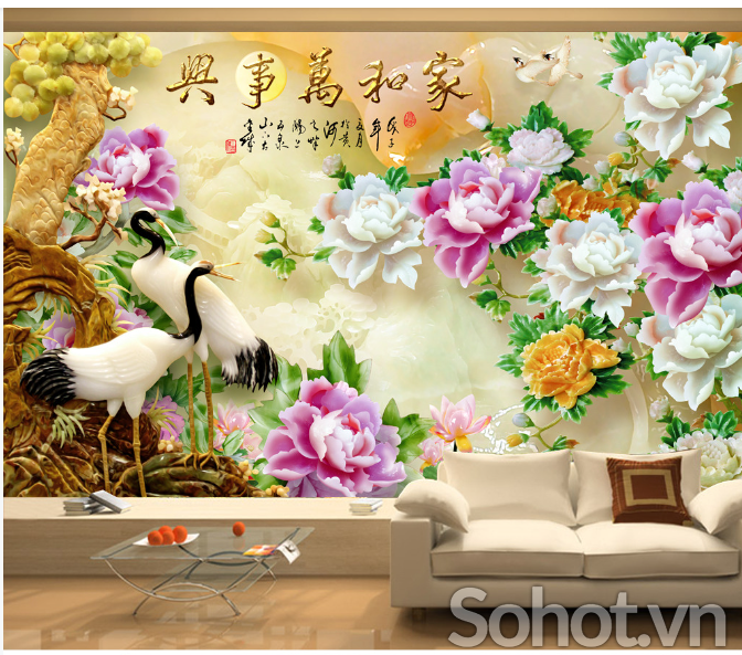 tranh phong thủy 3D, tranh gach tùng hạc