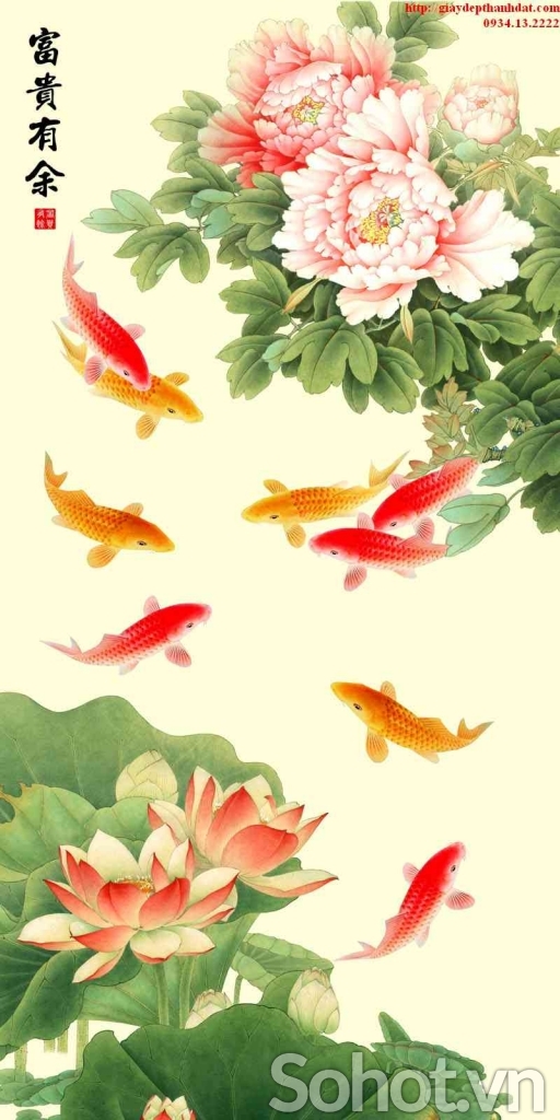 Tranh cá chép hoa mẫu đơn tranh gạch 3d ốp tường - 7433SO