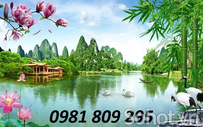 tranh gạch 3d hồ nước chim hạc