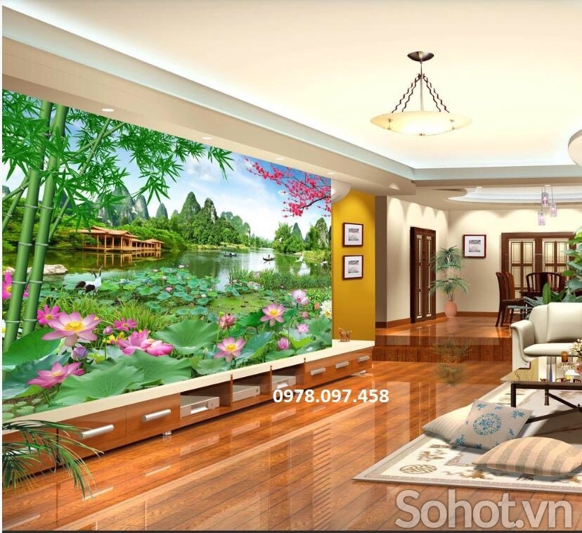 Tranh gạch phòng khách - tranh hoa sen