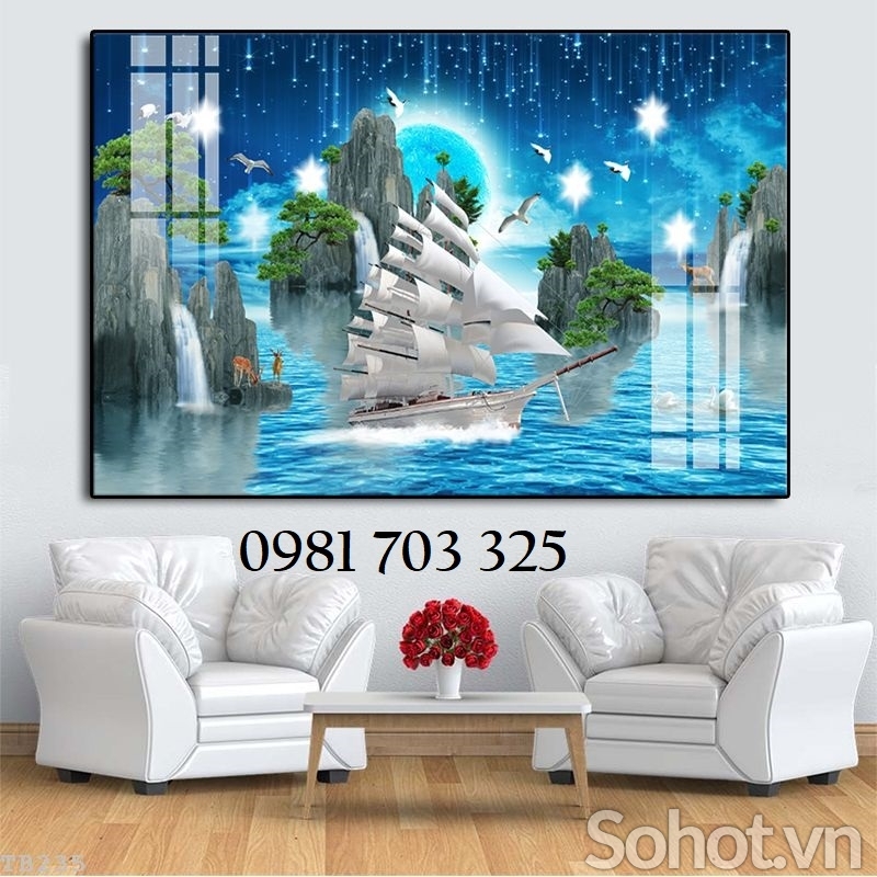 Tranh thuyền buồm phong thủy, gạch men 3D