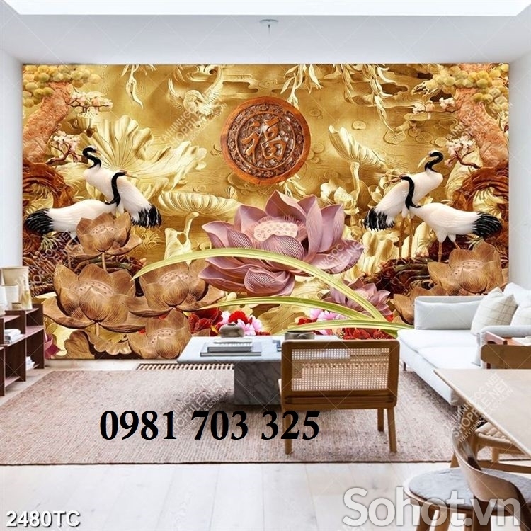Gạch men tùng hạc dán tường phòng khách