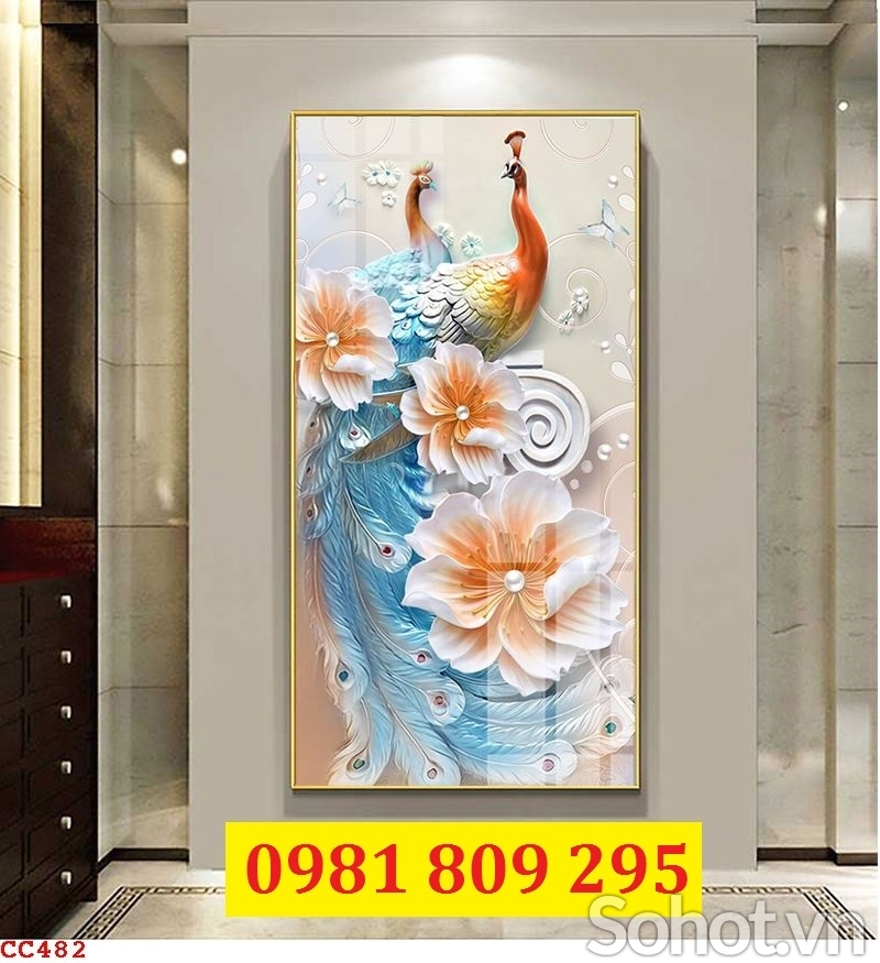 Tranh gạch con công khổ đứng 3d