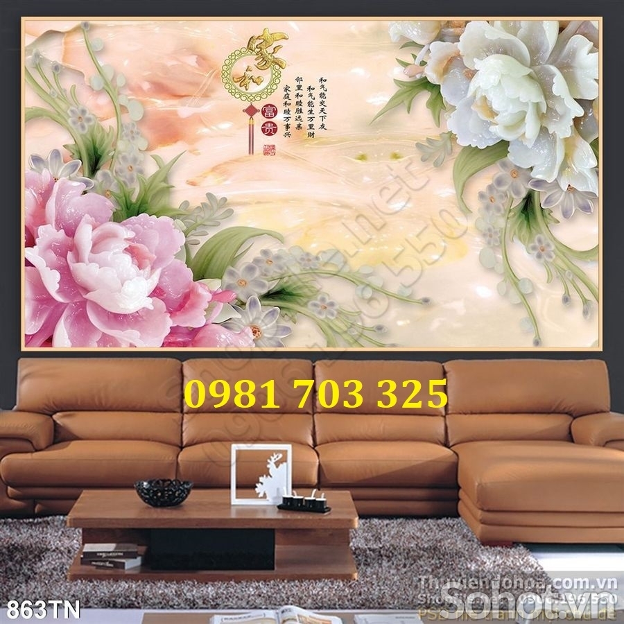 Tranh gạch hoa mẫu đơn sứ ngọc dán tường