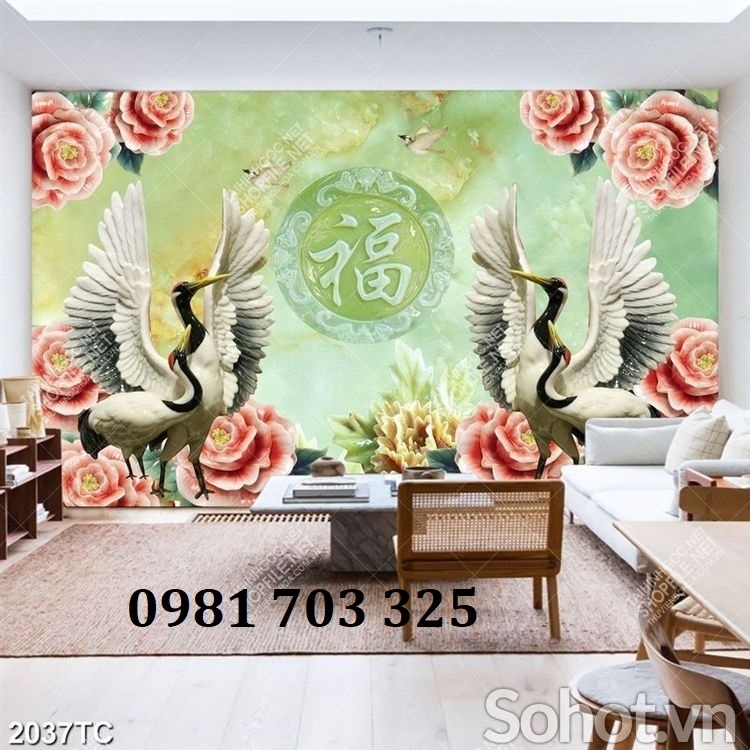 Tranh chim hạc, gạch men 3D ốp phòng khách