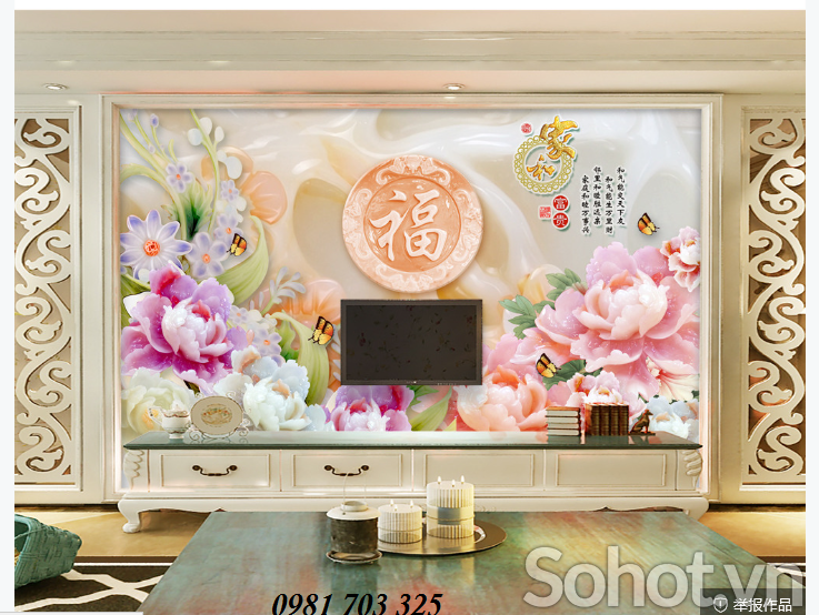 Gạch tranh 3D- tranh hoa mẫu đơn