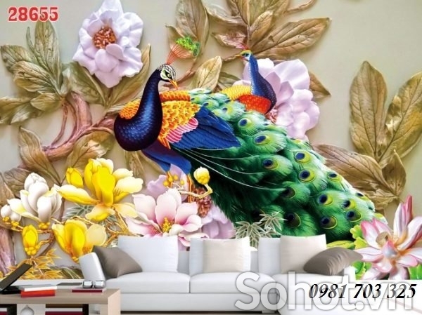 Tranh chim công phong thủy, tranh gạch men 3D