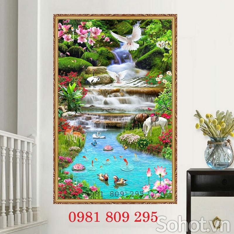 Mẫu gạch tranh 3d khổ dọc thác nước