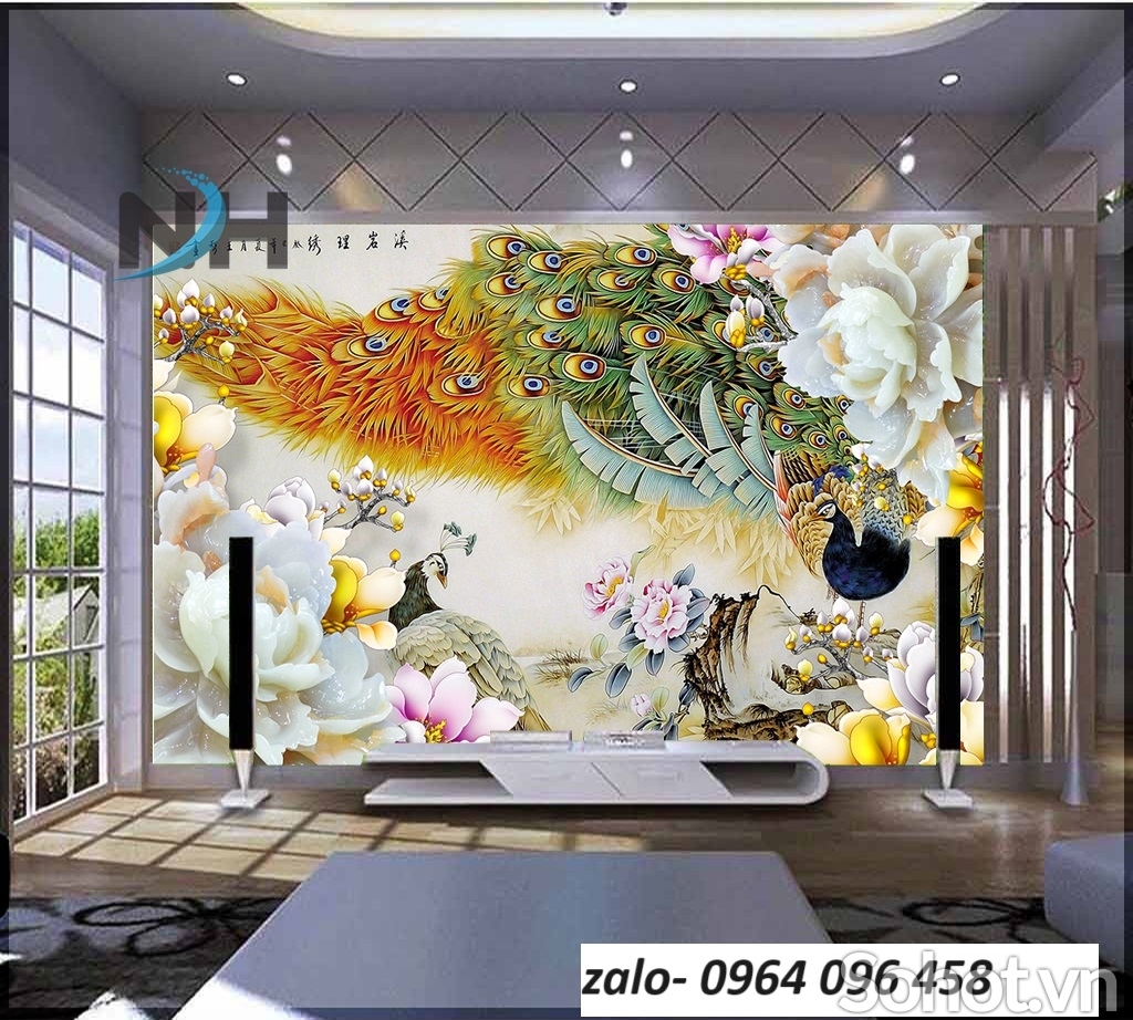 Tranh gạch ốp tường chim công 3d - KCX433