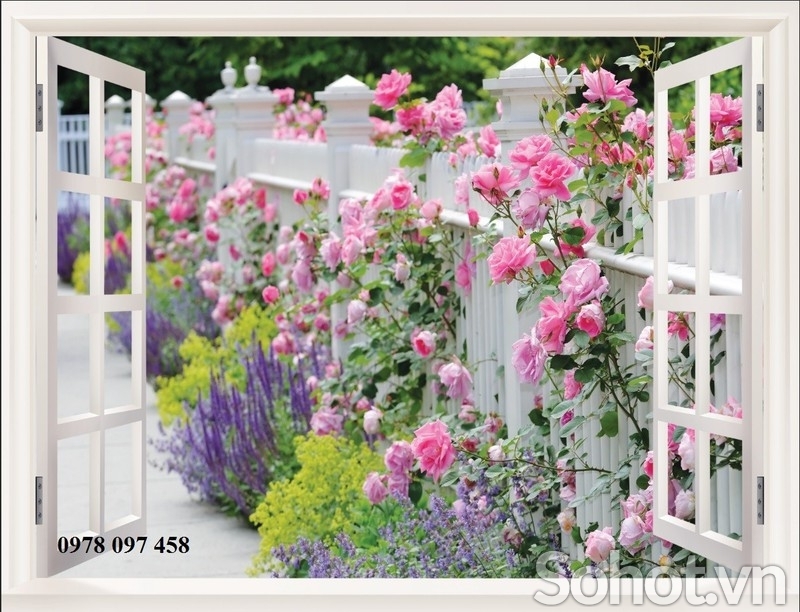 Tranh 3D - tranh cửa sổ vườn hoa