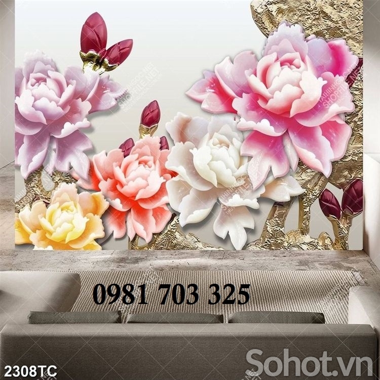 Tranh gạch 3D hình hoa mẫu đơn đẹp