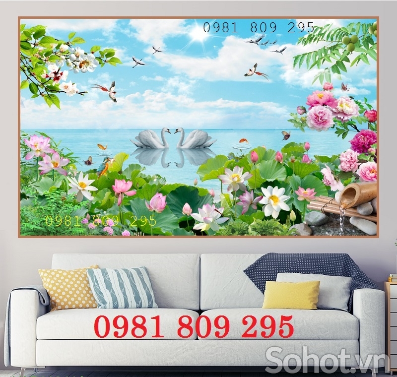 Gạch tranh ốp phòng khách hoa sen