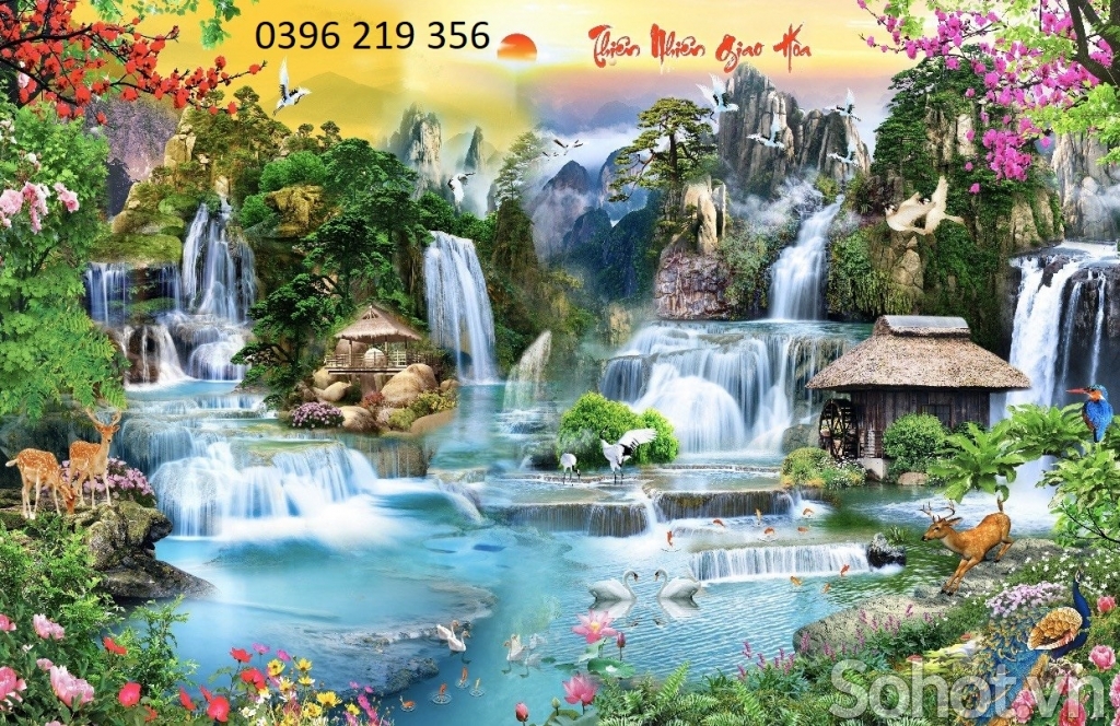 Tranh gạch men 3d trang trí tường Phong cảnh , thác nước