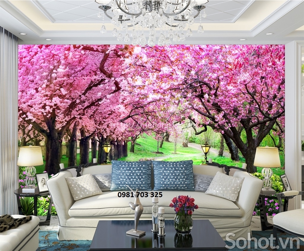Tranh gạch 3D phòng khách- gạch tranh hoa đào trang trí phòng