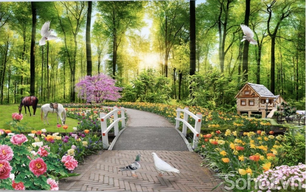 Tranh gạch vườn hoa trang trí phòng