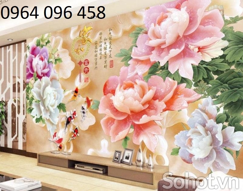 Tranh gạch phong thủy cá chép hoa mẫu đơn - HCDC55