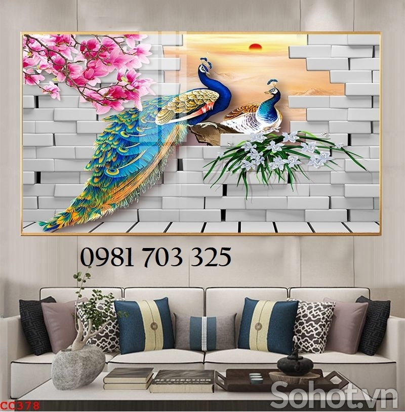 Tranh gạch phong thủy chim công hoa mẫu đơn