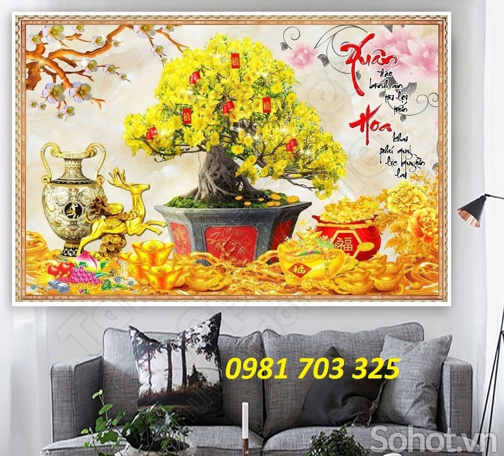 Tranh gạch hoa mai vàng dán tường