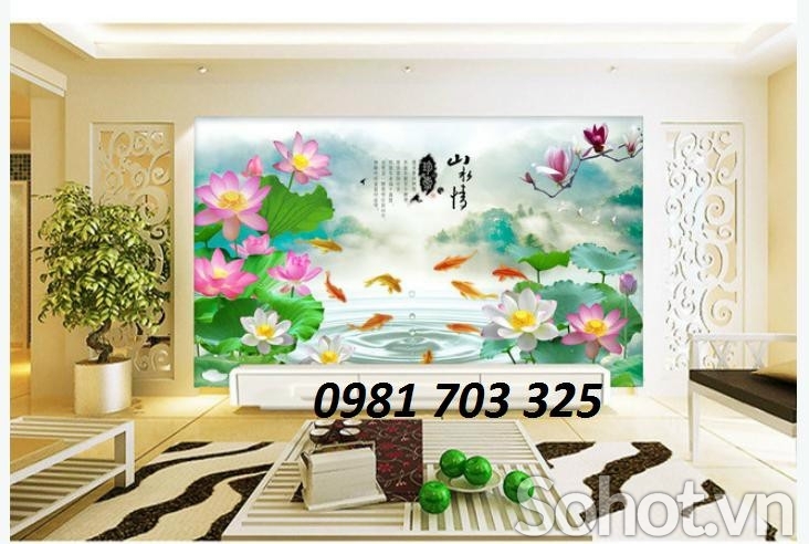 Tranh gạch hoa sen cá chép đẹp