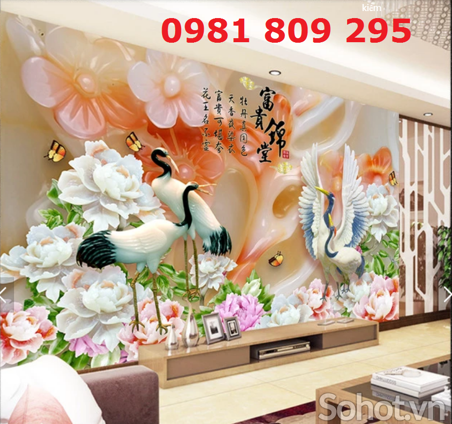 Tranh gạch chim hạc 3d nghênh khách
