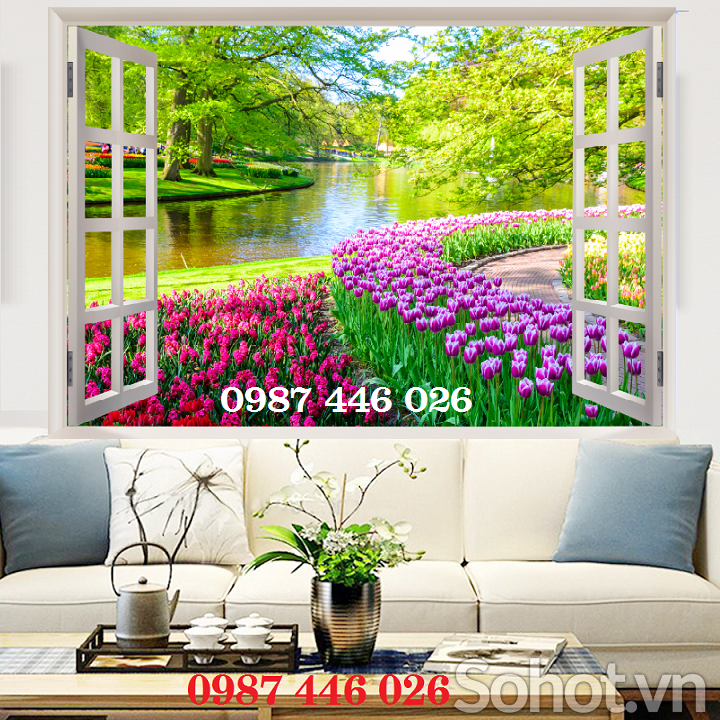 Gạch tranh cửa sổ ốp tường phòng khách