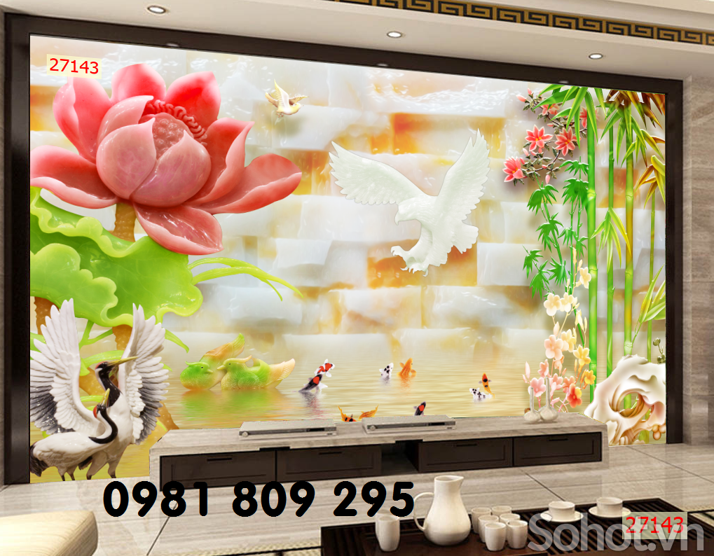 Mãu tranh hoa sen - gạch 3d phòng khách