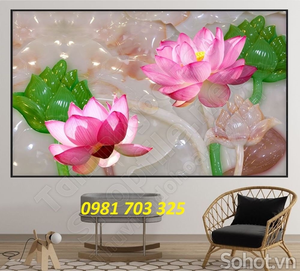 Tranh hoa sen phong thủy, tranh gạch men 3D