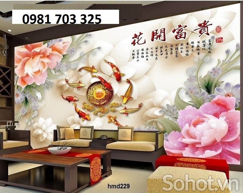 Gạch men 3D phong thủy, tranh hoa sen cá chép
