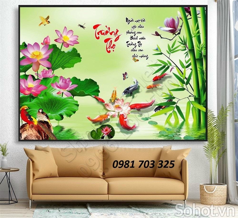 Gạch men 3D phong thủy, tranh hoa sen cá chép