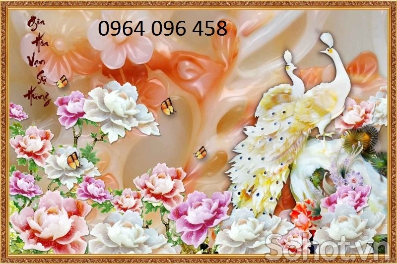 Tranh 3d phong thủy hoa mẫu đơn - tranh gạch 3d ốp tường - HCV44