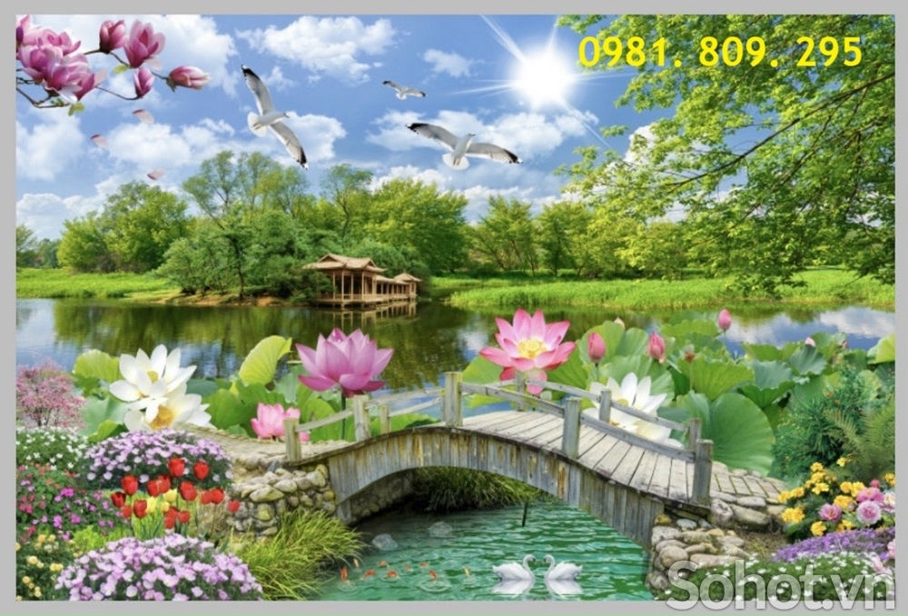Tranh gạch ốp tường , gạch 3d hoa sen hồ sen