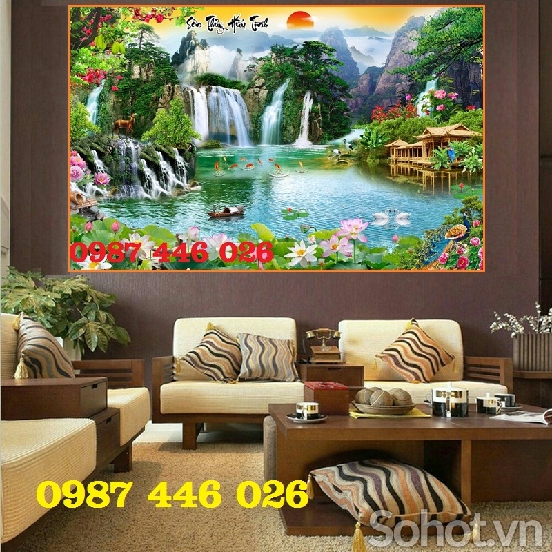 Tranh gạch men thác nước, tranh 3d ốp tường HP9723