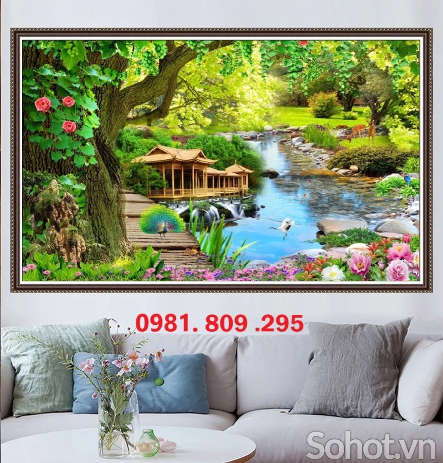 Tranh gạch ốp tường ngôi nhà cảnh xanh mát