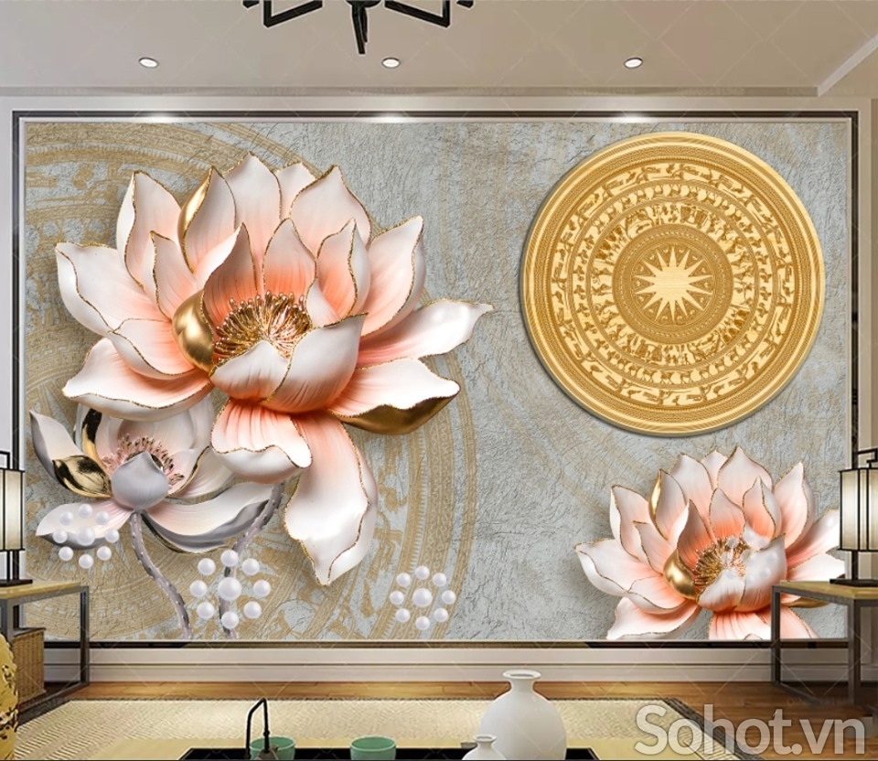 Tranh 3d hoa sen - tranh gạch 3d ốp tường - 7CC