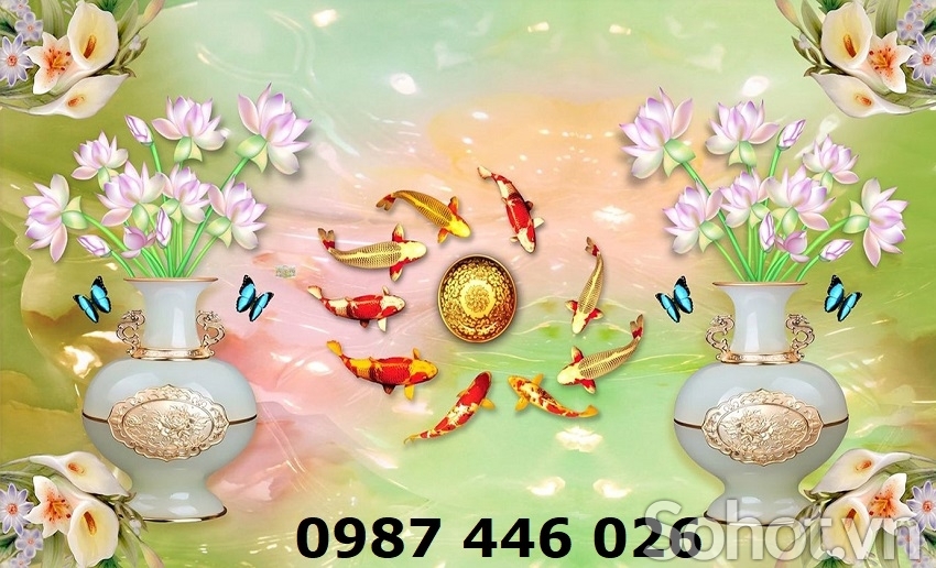 Tranh gạch cá chép vàng hoa sen 3d HP9373