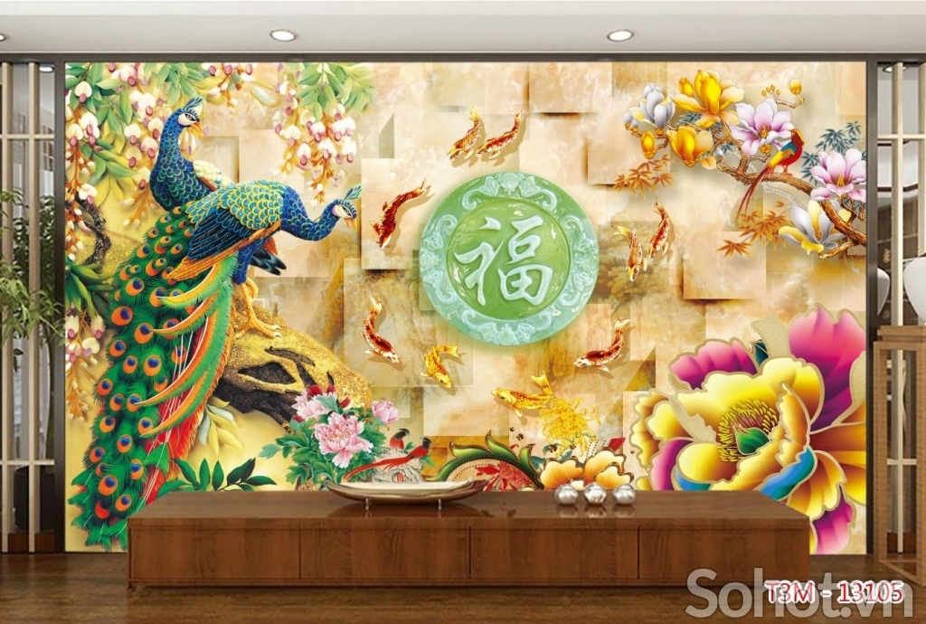 Tranh chim công 3D- gạch tranh phong thủy