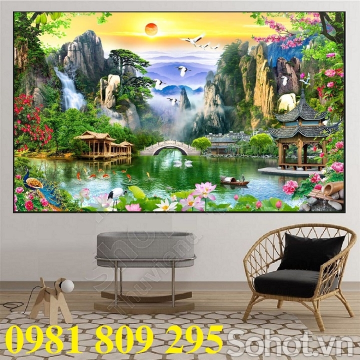 Tranh gạch phong cảnh bầu trời hừng nắng đẹp