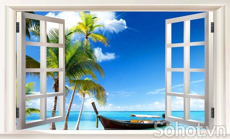 tranh 3D phòng khách, gạch tranh cửa sổ