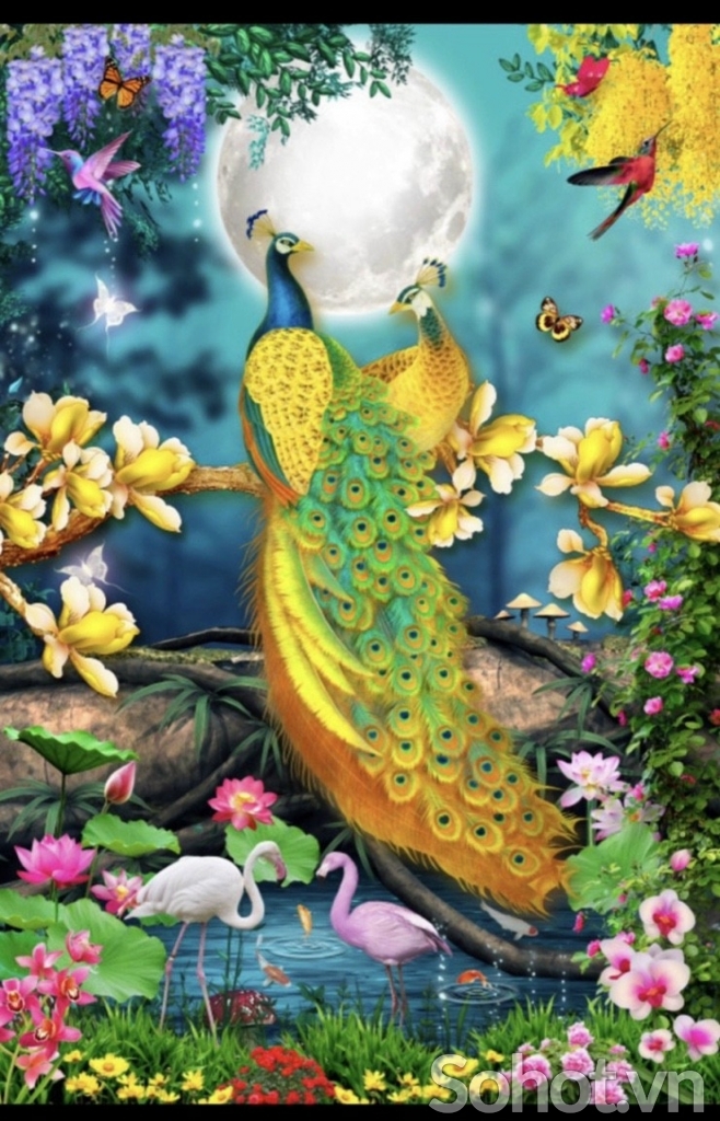 Tranh gạch khổ đứng chim công 3D đẹp