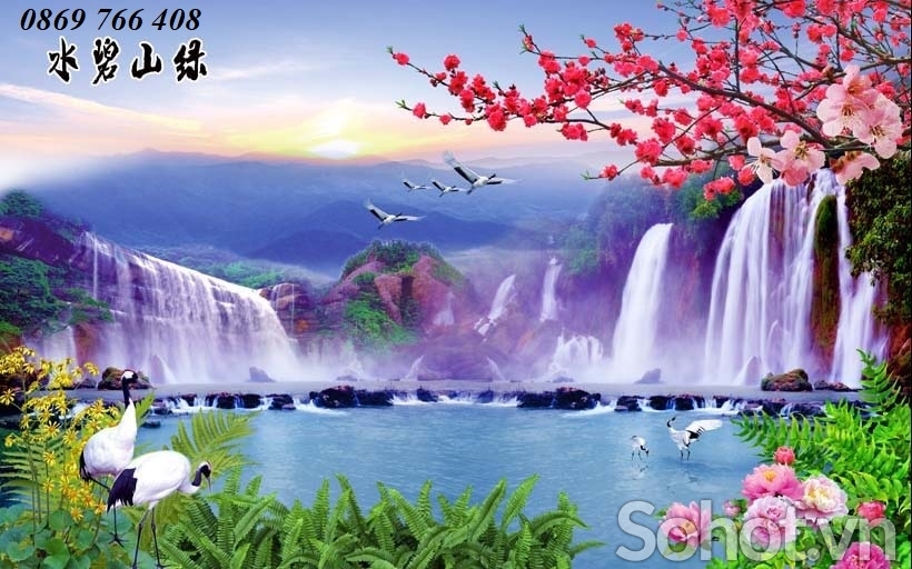 Tranh phong cảnh-Tranh gạch 3D thác nước con cò