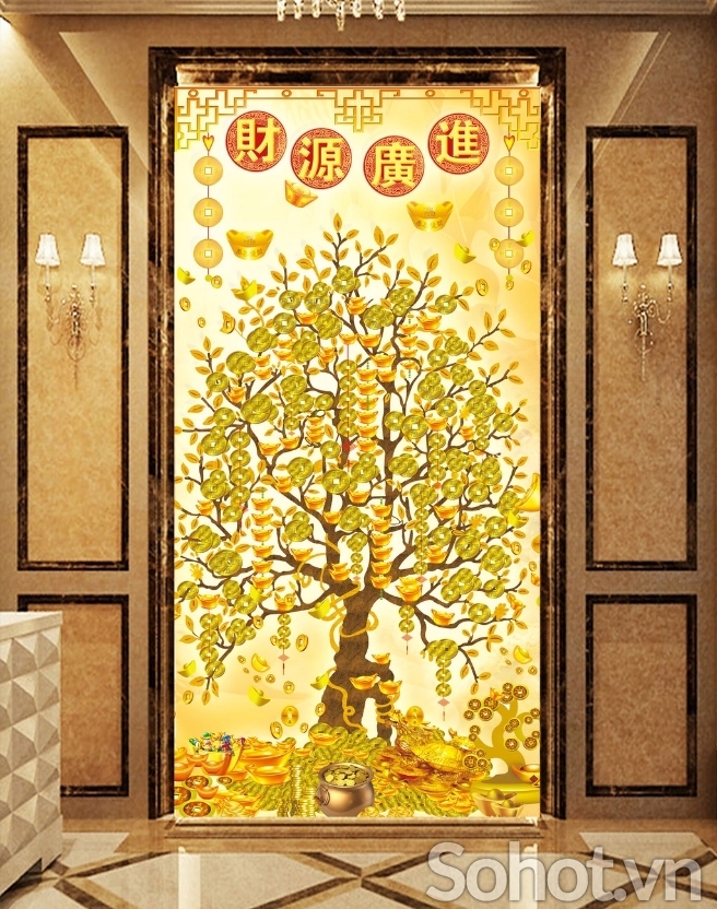 gạch tranh 3D cây kim tiền khổ đứng