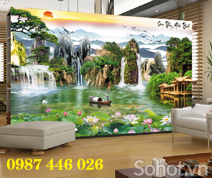 Gạch tranh thác nước, tranh ốp tường đẹp phòng khách HP827