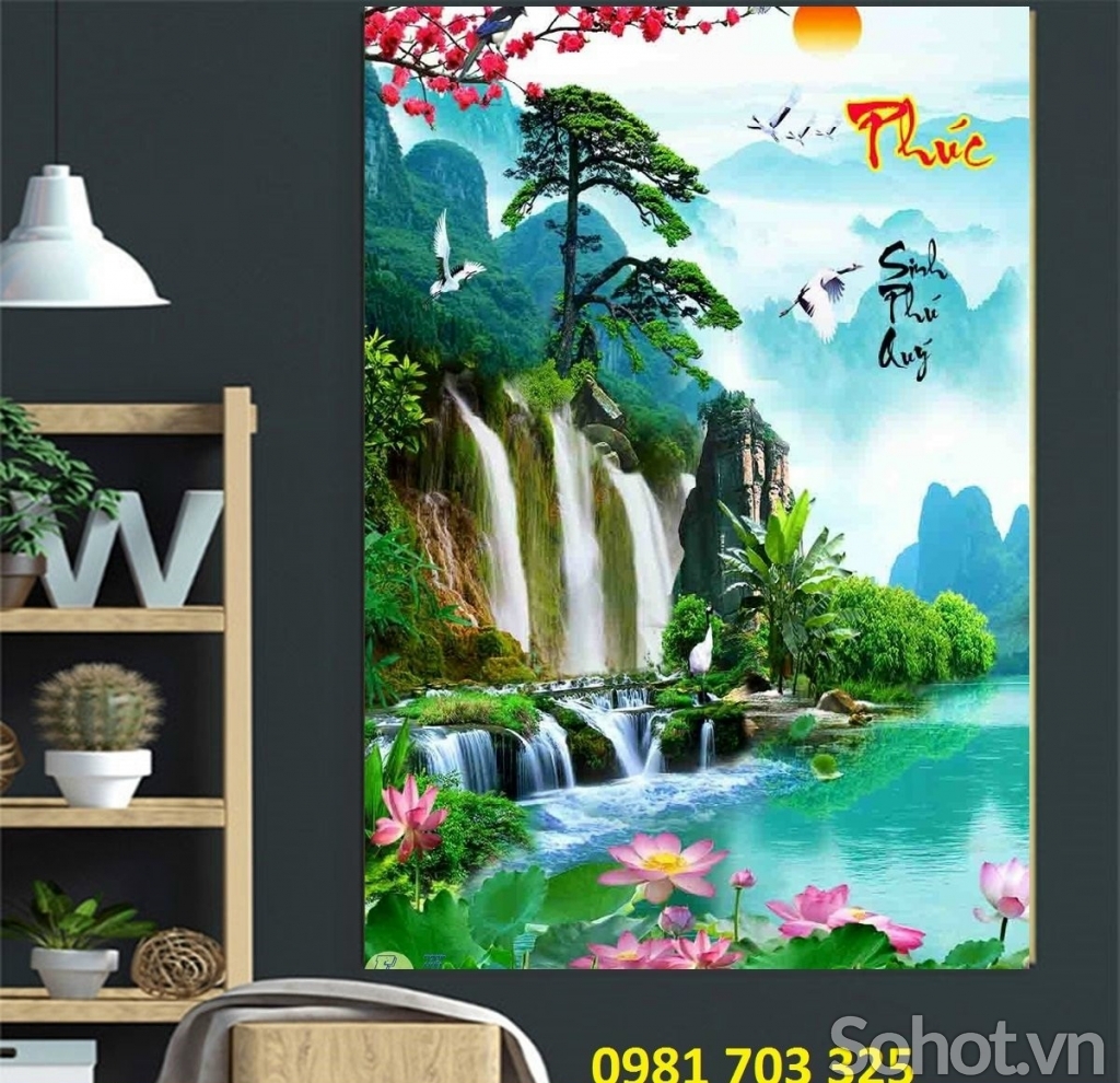 Tranh gạch phong cảnh thác nước khổ đứng